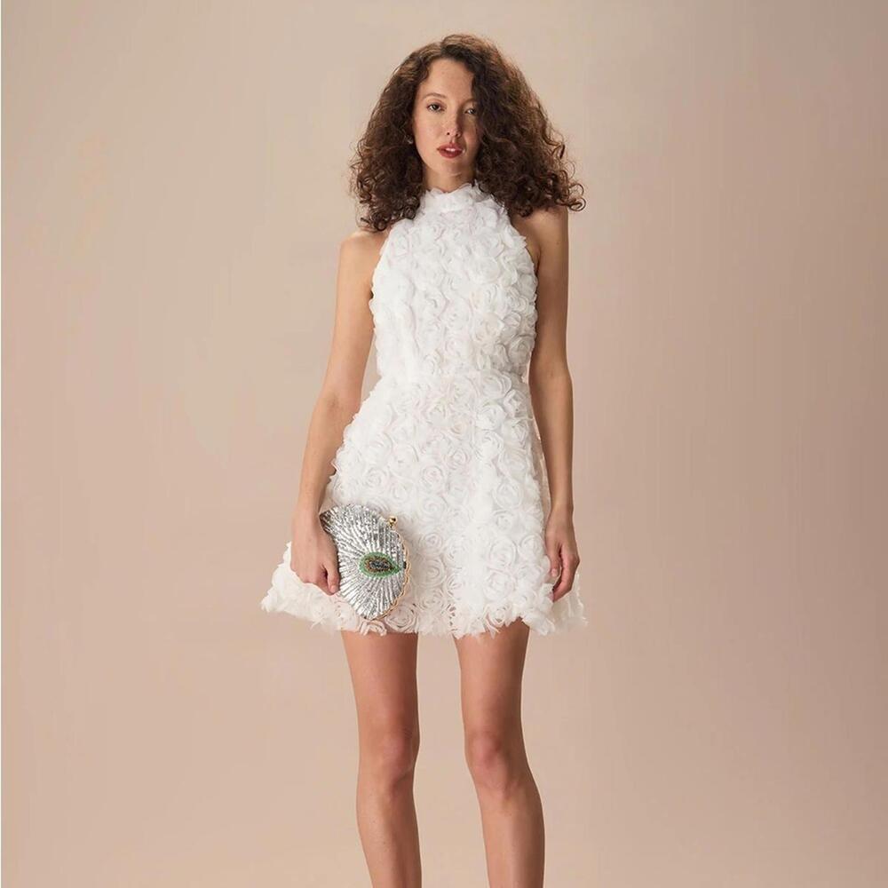 RIHOAS The White Mock Neck Tie-Back Mini Dress S